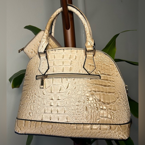 Tan Alligator Print No Brand Name Blank Satchel Purse Tote Bag - Picture 2 of 5